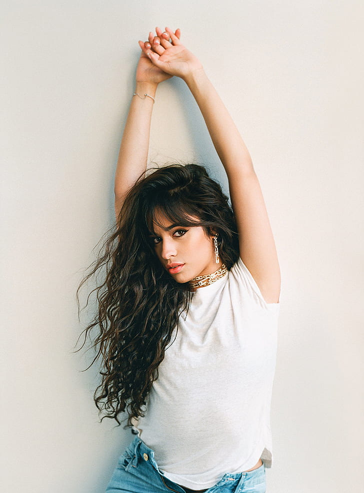Camila Cabello, women, singer, cuban, brunette, long hair, simple background, HD wallpaper