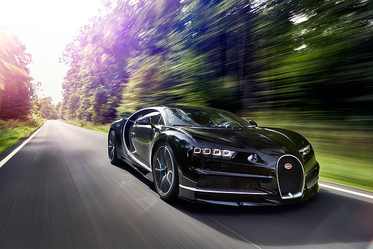 black Bugatti Chiron coupe, car, Bugatti, logo, supercar, speed, asphalt, Chiron, Bugatti Chiron, HD wallpaper