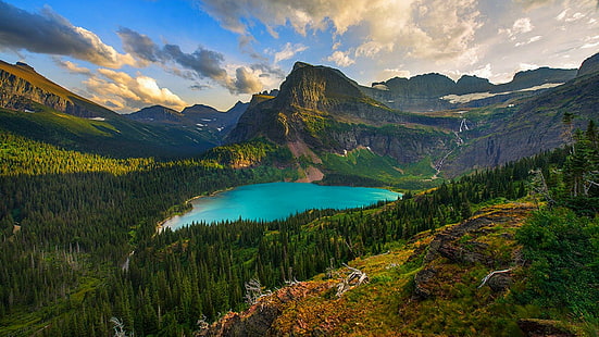 Montañas, Monte Gould, Parque Nacional Glacier, Glaciar Grinnell, Lago Grinnell, Paisaje, Cordillera de Lewis, Montana, Fondo de pantalla HD HD wallpaper