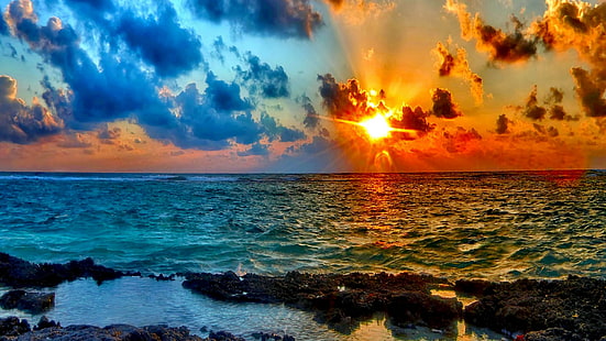 mar, céu, corpo de água, horizonte, oceano, água, costa, pôr do sol, onda, nuvem, luz solar, HD papel de parede HD wallpaper