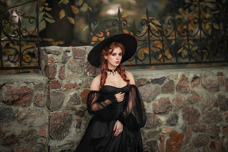 Olga Boyko, ruiva, parede, chapéu, vestido, mulheres, mulheres ao ar livre, chapéu preto, Alexandra Girskaya, Alexandra, HD papel de parede