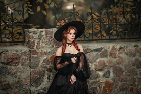 Olga Boyko, ruiva, parede, chapéu, vestido, mulheres, mulheres ao ar livre, chapéu preto, Alexandra Girskaya, Alexandra, HD papel de parede HD wallpaper
