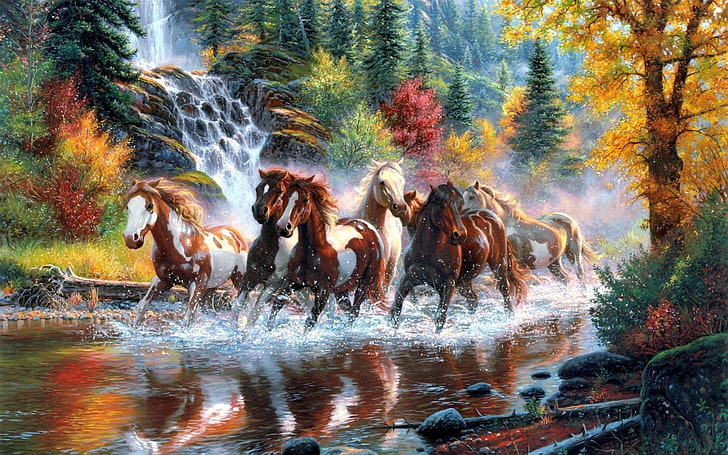 белые и коричневые лошади иллюстрации, лошадь, осень, водопад, произведения искусства, живопись, HD обои