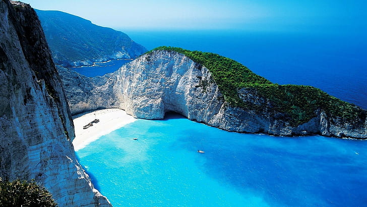plaża Navagio, Zakynthos, Grecja, Grecja, morze, góry, wyspa, klif, wrak statku, krajobraz, łódź, plaża, przyroda, fotografia, Tapety HD