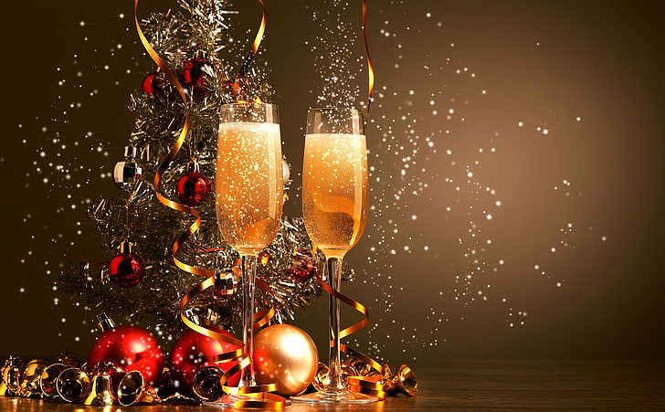 Merry Christmas and Happy New Year 2015, two wine glasses, Holidays, Christmas, Happy, Merry, Year, 2015, HD wallpaper