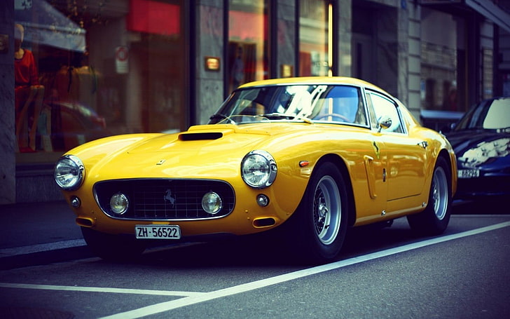 classic yellow Ford Mustang coupe, Ferrari, car, yellow cars, vintage, Ferrari 250, vehicle, HD wallpaper