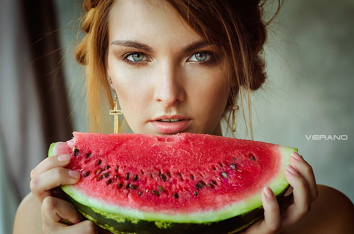 Nikolas Verano, wanita, model, makanan, melon, 500px, buah, Wallpaper HD