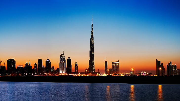 burj khalifa, skyline, cityscape, city, dubai, skyscraper, united arab emirates, metropolis, uae, sky, tower, dusk, HD wallpaper