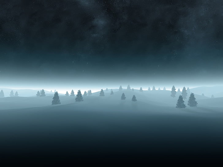 snowy trees, artwork, snow, night, trees, nature, HD wallpaper
