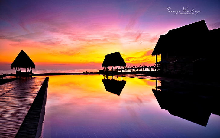 Sunset Resort Hotel-Sri Lanka Win8 wallpaper, brown wooden boat dock, HD wallpaper
