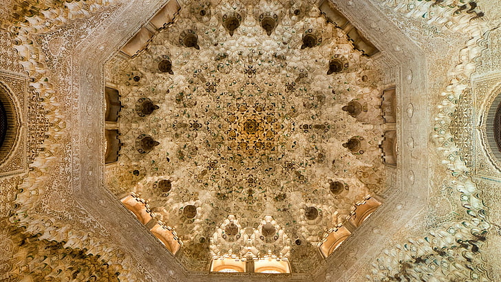 pattern, ancient history, symmetry, art, arab style, alhambra, alhambra palace, palace, granada, spain, dome, architecture, HD wallpaper