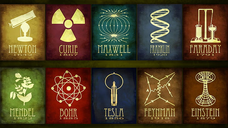 ألبرت أينشتاين ، الكيمياء ، فاراداي ، إسحاق نيوتن ، ماريا سكودوفسكا كوري ، نيلز بور ، نيكولا تيسلا ، الفيزياء ، العلوم، خلفية HD