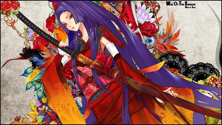 fioletowa kobieta ilustracja, anime, fioletowe włosy, tradycyjna odzież, Redjuice, kolorowy, Snyp, miecz, anime girls, manga, katana, długie włosy, kwiaty, ptaki, yukata, pomalowane paznokcie, Tapety HD
