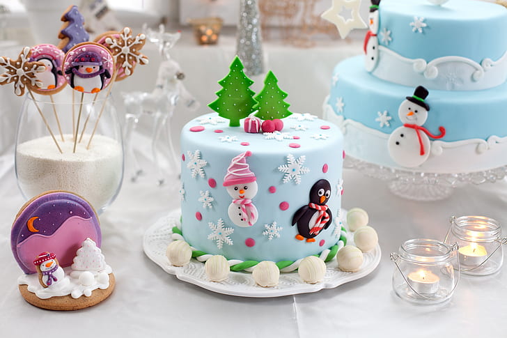 table, candles, New Year, cookies, Christmas, candy, sweets, figures, dessert, cakes, holidays, HD wallpaper
