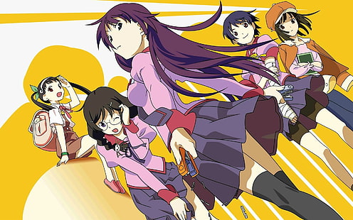 Hachikuji Mayoi, serie Monogatari, Hanekawa Tsubasa, Sengoku Nadeko, Senjougahara Hitagi, Kanbaru Suruga, anime girls, Sfondo HD HD wallpaper