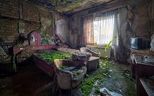 czarny telewizor CRT, ruina, wnętrze, zarośnięty, dom, łóżko, Tapety HD HD wallpaper