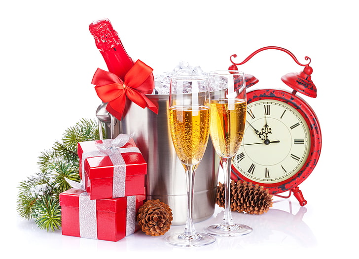 round red analog alarm clock, winter, snow, decoration, time, holiday, watch, Christmas, Cup, gifts, champagne, Happy New Year, Merry Christmas, glasses, clock, ornaments, HD wallpaper