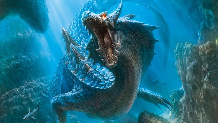 син тапет на дракон, дракон, под вода, Monster Hunter, HD тапет