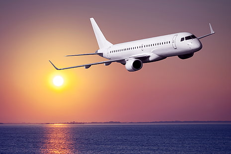 白い飛行機、海、空、太陽、飛行、飛行機、夜明け、海岸、乗客、旅客機、 HDデスクトップの壁紙 HD wallpaper