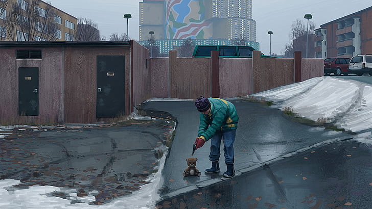 neve, Simon Stålenhag, ursinhos de pelúcia, revólver, arma, carro, cidade, parede, HD papel de parede