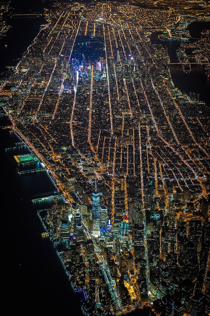 Vincent Laforet ، مدينة نيويورك ، مانهاتن ، الليل ، المدينة ، المنظر الجوي ، أضواء المدينة، خلفية HD، خلفية الهاتف