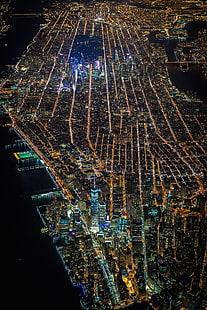 Vincent Laforet, Nowy Jork, Manhattan, noc, miasto, widok z lotu ptaka, światła miasta, Tapety HD HD wallpaper
