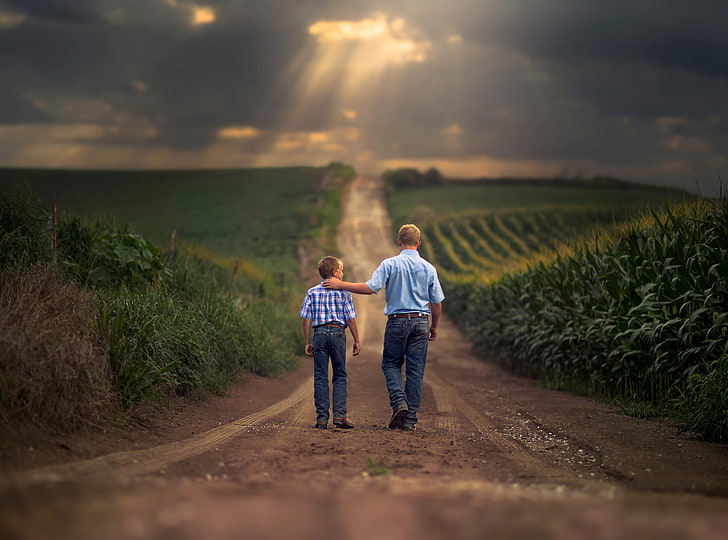 men's teal collared shirt, road, field, father, space, son, Farm Boys, HD wallpaper