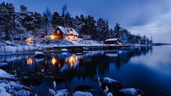 Кабина, пейзаж, нощ, сняг, космос, Швеция, зима, HD тапет HD wallpaper
