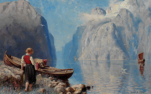 ノルウェーの芸術家、ノルウェーの画家、ハンス・アンドレアス・ダール、ノルウェーのフィヨルドの風景、ノルウェーのフィヨルドの風景、 HDデスクトップの壁紙 HD wallpaper