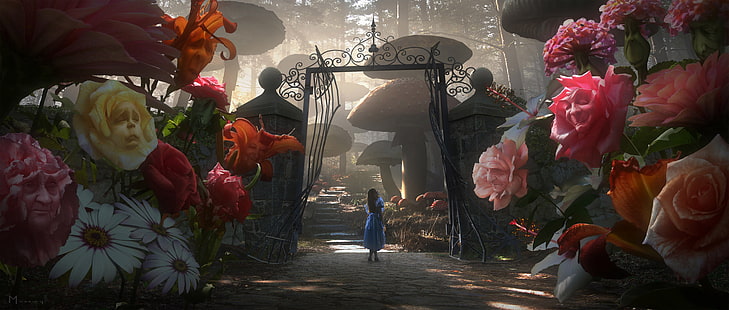 Филм, Алиса в страната на чудесата (2010), Алиса (Алиса в страната на чудесата), дете, фантазия, цвете, градина, момиче, гъби, роза, HD тапет HD wallpaper