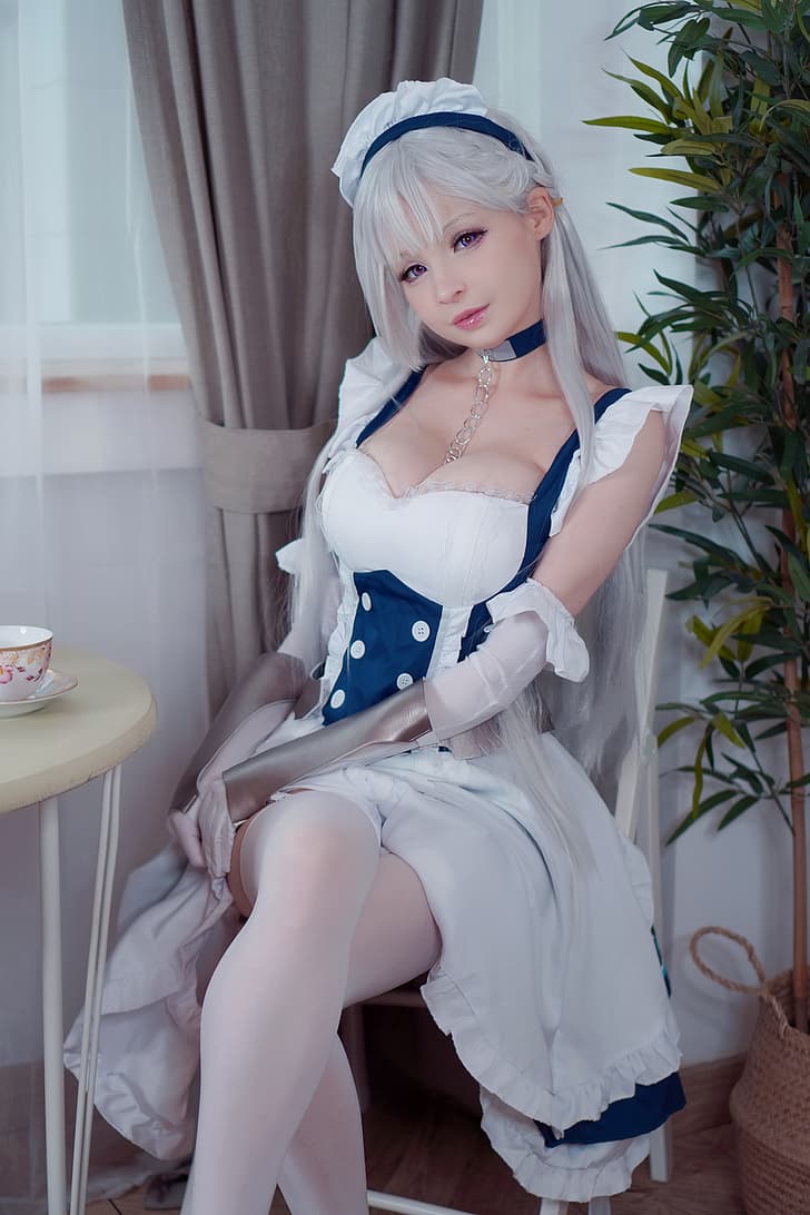 Hidori Rose, women, model, cosplay, Belfast (Azur Lane), Azur Lane, video games, video game girls, maid, maid outfit, dress, sitting, cleavage, elbow gloves, arm warmers, looking at viewer, parted lips, lingerie, stockings, white stockings, legs crossed, vertical, portrait display, indoors, women indoors, HD wallpaper