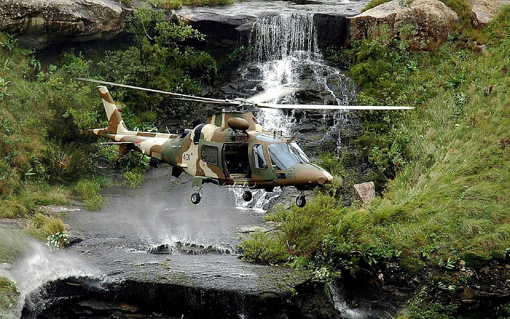 brown and green camouflage helicopter, helicopters, waterfall, military, vehicle, military aircraft, aircraft, HD wallpaper