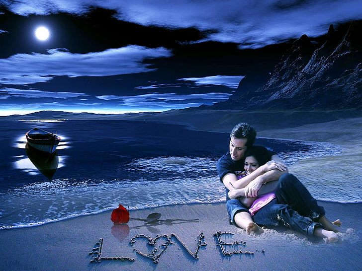 Fantasi Cinta, celana denim biru pria, Cinta,, biru, pantai, lautan, bulan, perahu, ombak, pasangan, Wallpaper HD