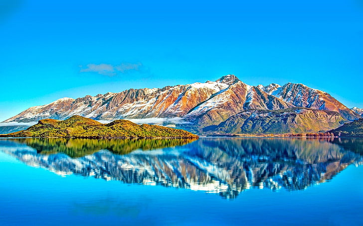 montagne blanche et brune, terre, scénique, d'azur, lac, montagne, reflet, Fond d'écran HD