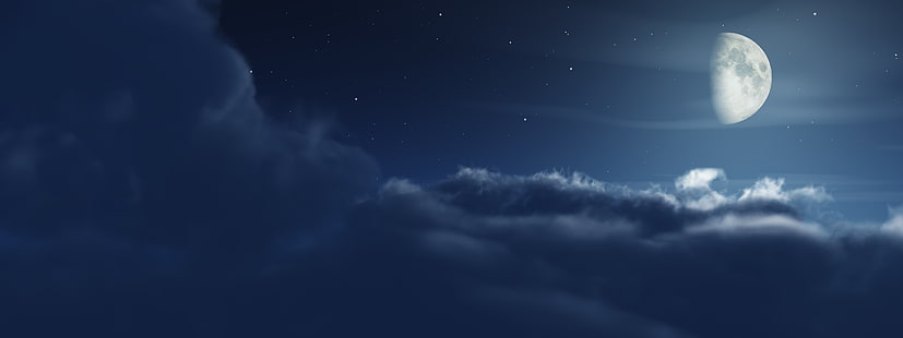 облака, двойной, монитор, луна, мульти, ночь, экран, звезды, HD обои HD wallpaper
