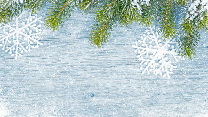 Albero di Natale, neve, inverno, fiocchi di neve bianchi, neve, inverno, legno, Natale, Capodanno, decorazione, fiocco di neve, allegro, albero di Natale, Sfondo HD