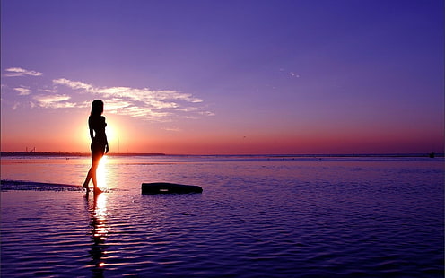 silhouette de femme, mer, fille, promenade, ciel, Fond d'écran HD HD wallpaper
