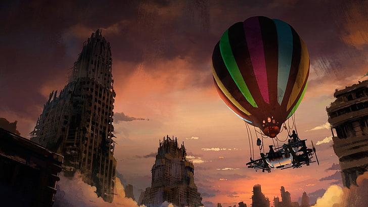 balão de ar quente multicolorido, trabalho artístico, arte de fantasia, apocalíptico, balões de ar quente, cidade, HD papel de parede