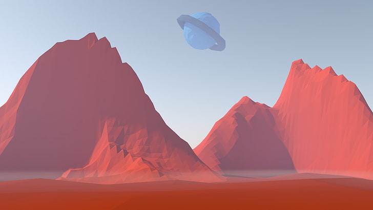 3D orange mountains, low poly, Mars, planet, space, HD wallpaper