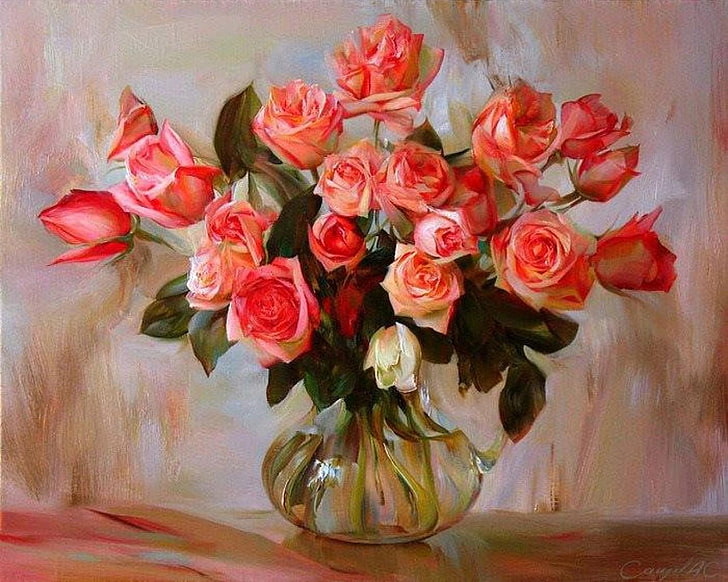 art, gorgeous, painting, roses, vase, HD wallpaper