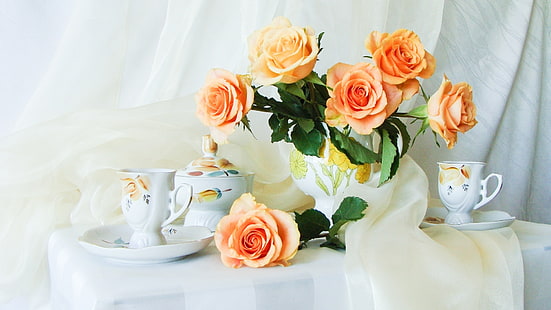 Martwa natura na biurku, pomarańczowe róże, kubki, wazon, martwa natura, pulpit, pomarańcza, róże, kubek, wazon, Tapety HD HD wallpaper