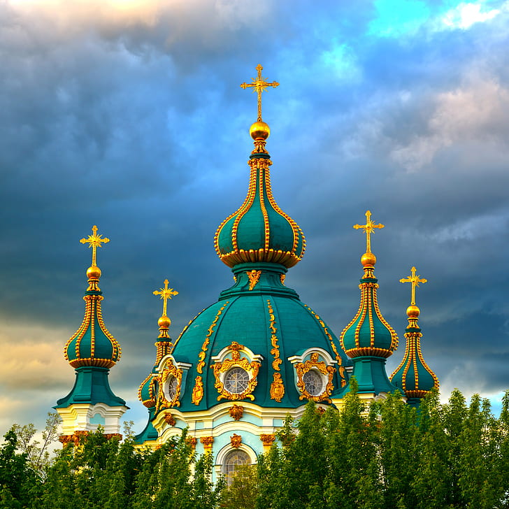 the sky, clouds, trees, Church, temple, ornament, Ukraine, dome, Kiev, St. Andrew Church, HD wallpaper