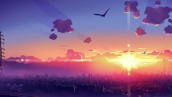 Sunrise, City, Clouds, Birds, Flying, Buildings, Anime, sunrise, city, clouds, birds, flying, buildings, anime, HD wallpaper HD wallpaper