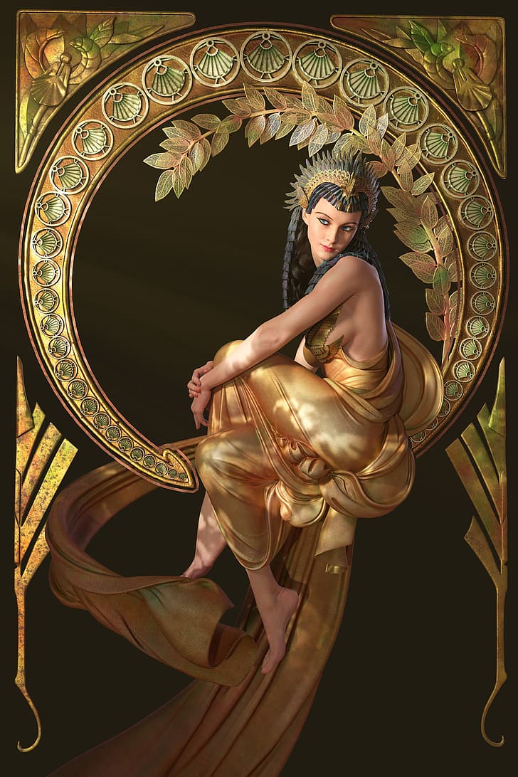 Qi Sheng Luo, karya seni, wanita, Cleopatra, seni digital, bertelanjang kaki, rambut hitam, Wallpaper HD, Wallpaper HD, wallpaper seluler