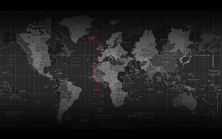 peta dunia abu-abu dan hitam, peta, zona waktu, infografis, waktu, dunia, Wallpaper HD