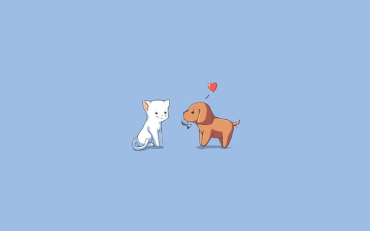 котка и куче илюстрация, куче, котка, коте, кученце, рисунка, сърце, HD тапет
