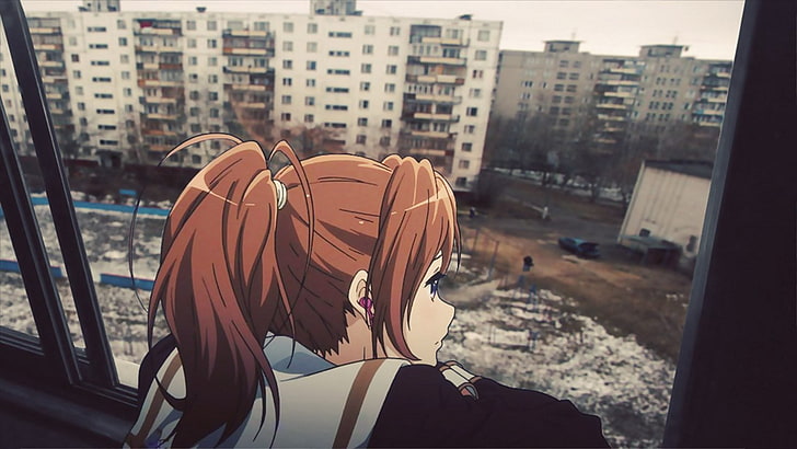 postać kobiecego anime z cyfrową tapetą brązowych włosów, grafiką, miejską, samotną, oknem, słuchawkami, Hibike! Euphonium, odwracając wzrok, Tapety HD