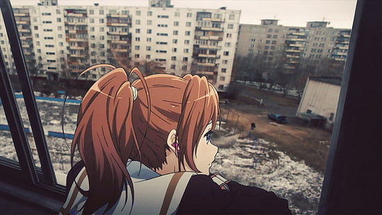 karakter anime wanita dengan wallpaper digital rambut cokelat, karya seni, perkotaan, sendiri, jendela, headphone, Hibike!Euphonium, memalingkan muka, Wallpaper HD HD wallpaper