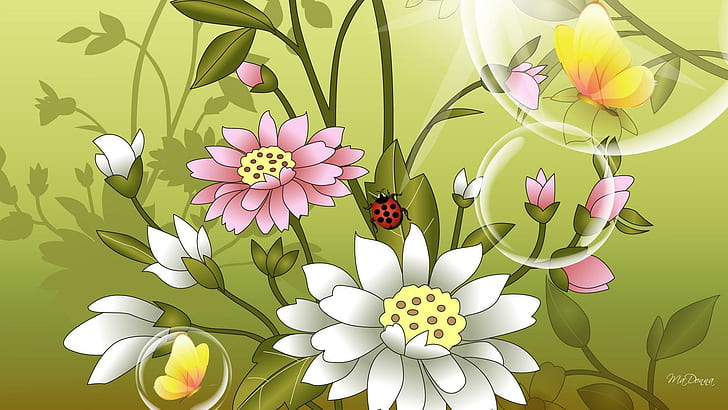 Flowers Devine, ladybug, lady bug, white, summer, green, flowers, pink, floral, garden, fleurs, spring, fragrant, HD wallpaper