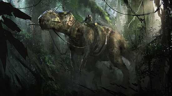 tyrannosaurus rex i skogen illustration, T-Rex, dino, dinosaurie, Tyrannosaurus, HD tapet HD wallpaper